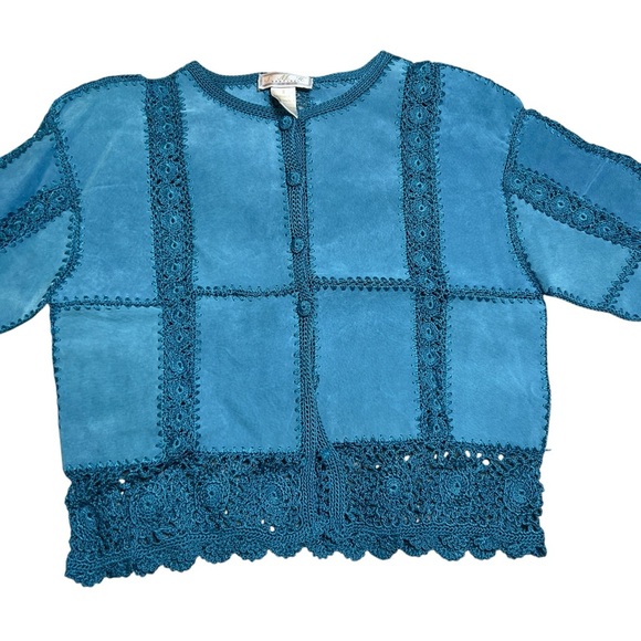 S.M.H Vintage Suede Paneled Crocheted Boho Western Festival Y2K Blazer Coat - Picture 9 of 15